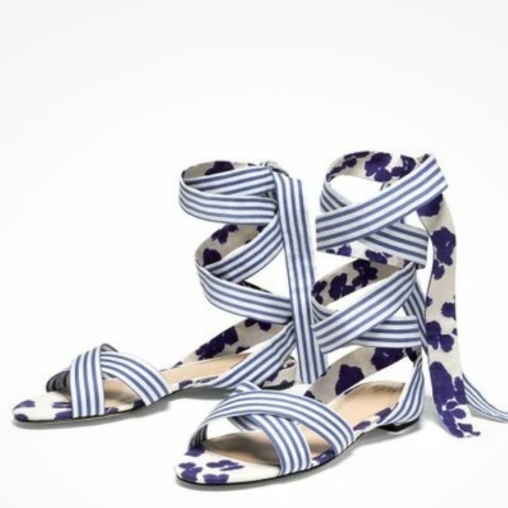 Cabi Watercolor Tied Up Sandals Shoes Blue White Stripe Floral Size 8‎
